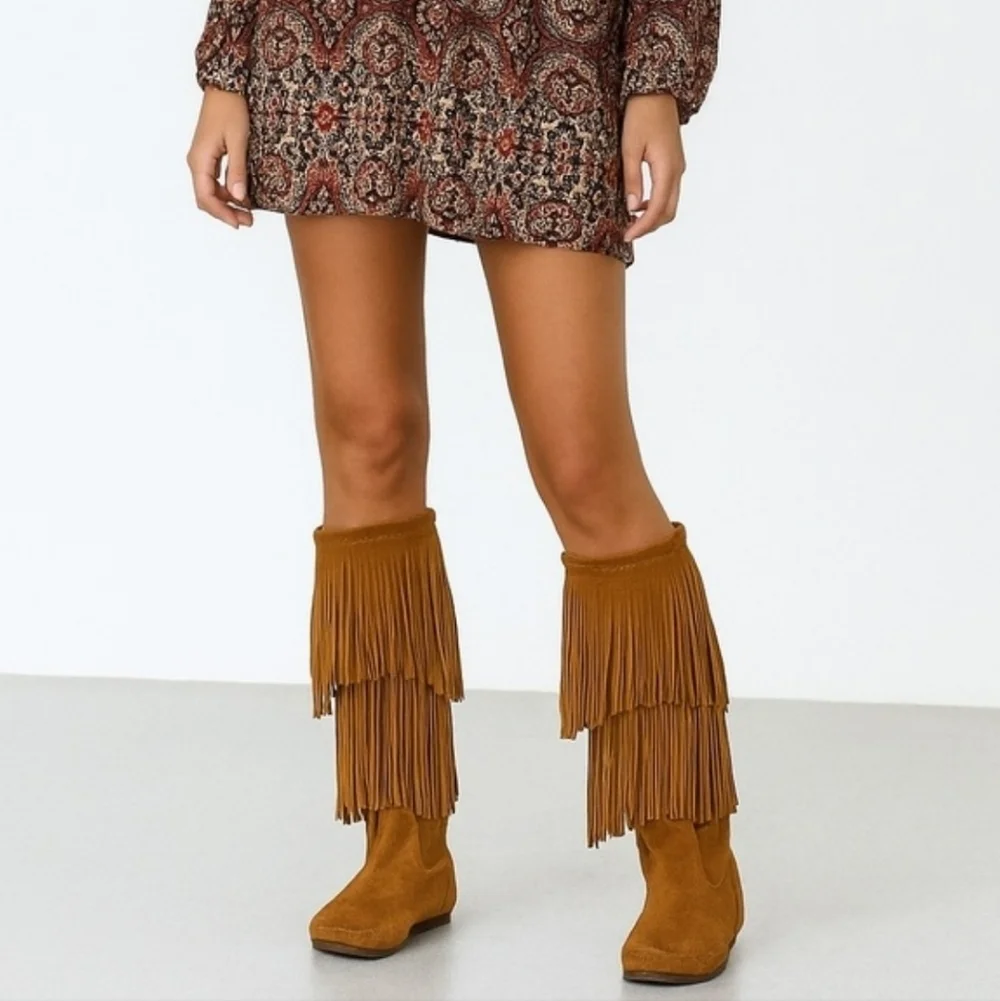 Minnetonka Double Fringe Suede Moccasin Indie Boho Boots Brown Size 5